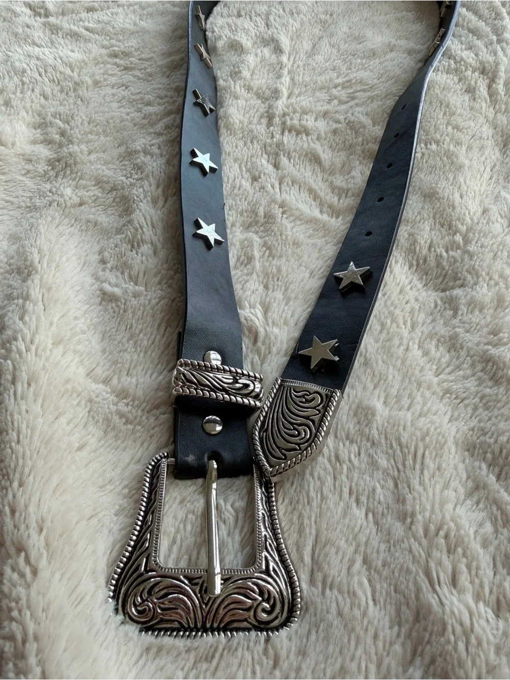 Women’s Black Star Stud Western Belt with Ornate Silver Buckle